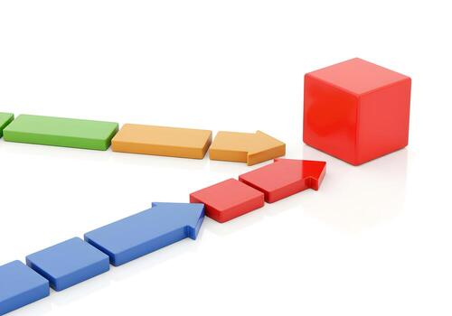 Colorful Arrow Blocks Pointing Towards a Red Cube on White Background Concept of Multiple Paths Choices and Reaching a Goal photo