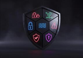 Cybersecurity Shield Digital Protection Network Security and Data Privacy Dark Background Concept photo