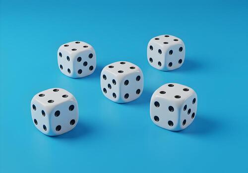 Five white dice scattered on a blue background representing chance luck gambling or a game of risk The dice are positioned in a dynamic composition suggesting a sense of movement and uncertainty ideal photo