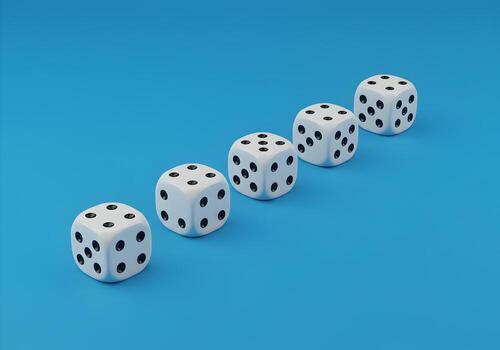Five white dice in a row on a blue background representing chance luck gambling or the concept of taking a risk The image is perfect for illustrating articles blog posts or websites about games probab photo