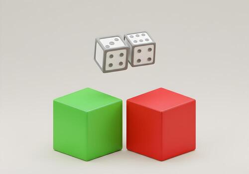 Two dice falling over green and red cubes concept of decision making risk chance opportunity and gambling The image is minimalistic and uses 3D rendering to create a clean and modern aesthetic ideal f photo