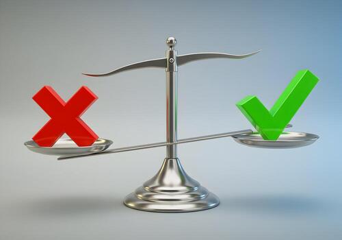 Red Cross and Green Check Mark Balancing on a Scale Representing Decision Making Right Choice and Weighing Options Concept of correct vs incorrect success vs failure and making the right decision photo