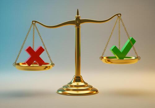 Gold Scales of Justice Balancing Right and Wrong Green Checkmark vs Red Cross Symbol Concept of Decision Making and Judgment 3D Render photo