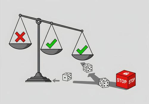 Weighing the Odds A Conceptual Illustration of Risk vs Reward Featuring a Scale Dice and a Stop Sign Representing DecisionMaking and Calculated Choices in Business and Life photo