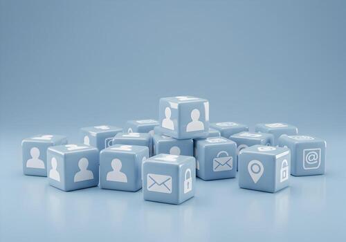 Social Media Network Connection Communication and Global Interaction Concept Blue Cubes with User Icons Email Padlock and Location Symbols on Light Blue Background 3D Render Illustration photo