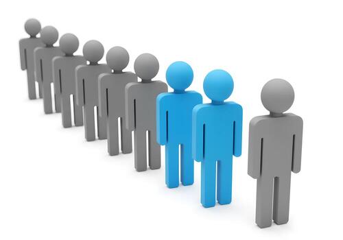 Two blue figures standing out from a queue of gray figures symbolizing individuality difference and standing out from the crowd in a business or social setting This image represents concepts of leader photo