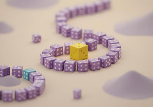 Yellow die in the center of a circle of purple dice on a beige surface representing concepts of luck chance opportunity and standing out from the crowd The dice are arranged in a spiral pattern symbol photo