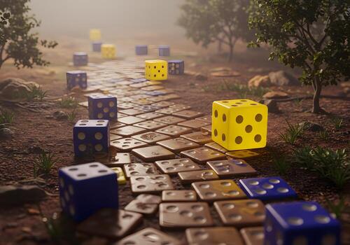 Blue and yellow dice rolling along a path paved with dice in a mystical forest creating a surreal and chancefilled journey The image evokes concepts of fate destiny and the unpredictable nature of lif photo