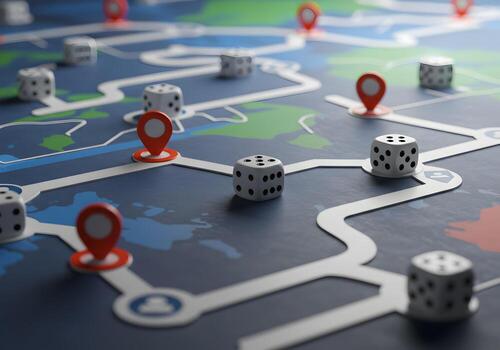 Dice and location markers navigating a strategic route on a world map game board symbolizing global travel adventure and the exciting journey of life photo