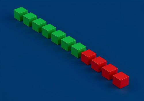 Green and red cubes arranged in a row on a blue background symbolizing a shift or change in progress representing concepts of transition contrast and process The image is ideal for illustrating busine photo