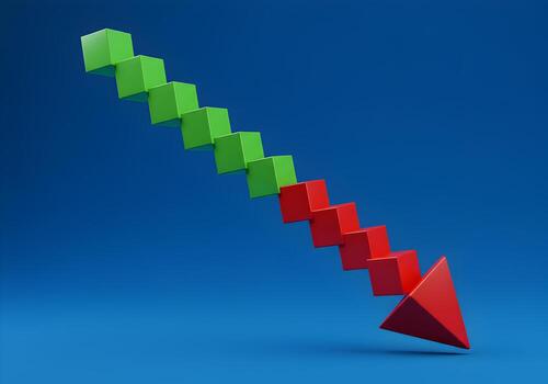 Abstract 3D rendering of a descending staircase composed of green and red cubes symbolizing a sharp decline or downturn against a deep blue background representing a financial crisis or market crash c photo