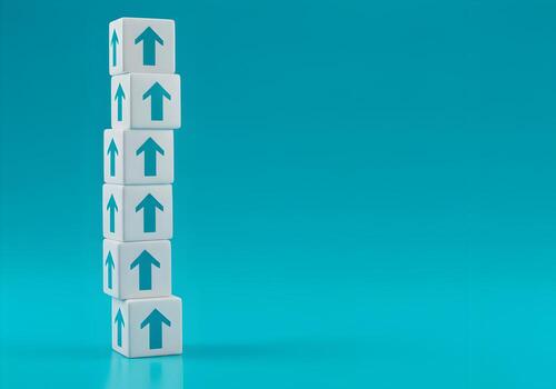 White blocks with upward arrows stacked on cyan background symbolizing growth progress and reaching goals This image represents concepts of ambition success and positive movement toward objectives Ide photo