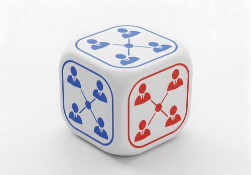 Network connection concept White cube with blue and red icons representing a business network symbolizing teamwork collaboration and communication in a modern business setting photo