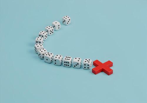 blanco dado formando un curvo línea finalizando con un rojo cruzar en un ligero azul antecedentes representando riesgo fracaso o un incorrecto decisión en un juego o negocio concepto foto