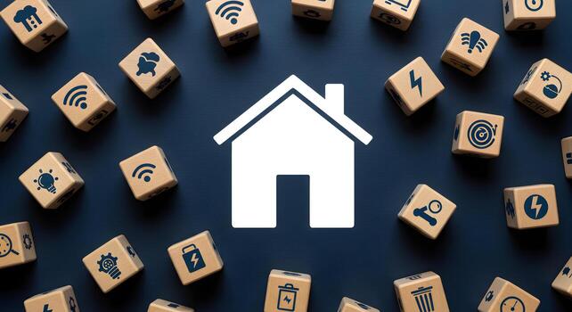 Smart Home Technology and Automation Wooden Blocks with Icons Representing Home Automation and IoT Devices on a Dark Blue Background photo