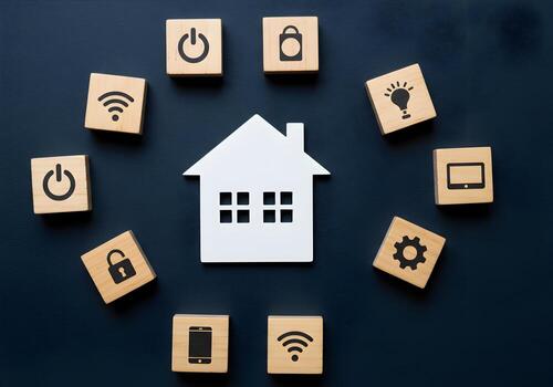 Smart Home Technology Wooden Blocks with Icons Representing Internet Connectivity Security Power and Automation on a Dark Blue Background photo