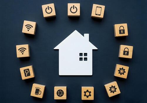 Smart Home Technology Wooden Blocks with Icons Representing Automation Security and Connectivity Surrounding a House Model on a Dark Background photo