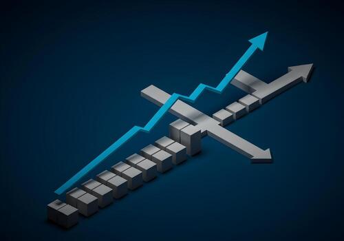 Abstract 3D rendering of a growth chart overcoming obstacles showcasing upward trend and progress in a dark blue setting The image symbolizes success overcoming challenges and achieving goals in busin photo