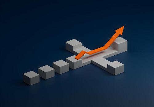 Abstract 3D rendering of an upward trending orange arrow overcoming an obstacle on a gray crossshaped path symbolizing resilience and overcoming challenges to achieve growth and success photo