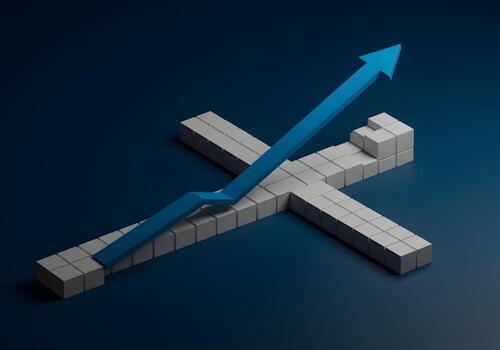Abstract 3D rendering of an upward trending blue arrow rising above a crossshaped structure symbolizing faith growth and overcoming challenges The image is set against a dark blue background creating photo