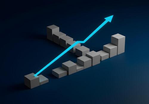 Abstract 3D rendering of a glowing blue arrow ascending a staircase of grey cubes symbolizing growth success and progress in business and finance Ideal for illustrating concepts of financial advanceme photo
