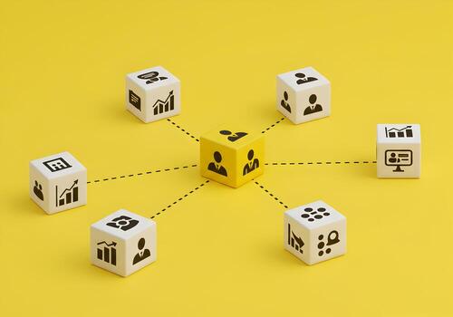 Teamwork and Collaboration Conceptual image of interconnected business blocks symbolizing effective communication and synergy in a modern workplace illustrating the power of collaboration for success photo