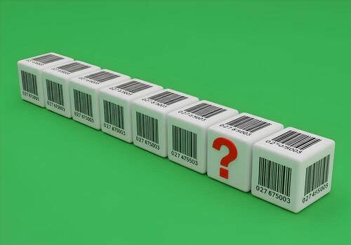 White cubes with barcodes arranged in a row on a green background with one cube displaying a question mark symbolizing uncertainty or a problem in supply chain or product identification photo