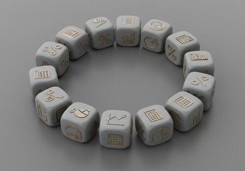 Financial data represented by grey cubes with golden icons forming a circle on a grey background symbolizing the interconnectedness of financial markets and the complexity of financial planning photo