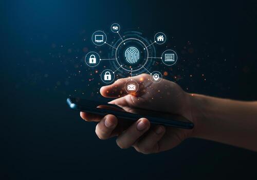 Hand using fingerprint scanner for mobile phone security and access to digital data showcasing secure online banking messaging and home automation via smartphone app in dark blue background photo