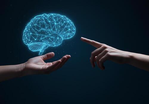 Human hands interacting with a digital brain exploring concepts of AI intelligence and neural networks A futuristic technological image representing the power of human intellect and the potential of a photo