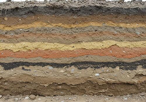 Detailed crosssection of layered soil strata revealing diverse earth composition colors and textures in a geological context showcasing the complexity of earth science and soil formation processes photo
