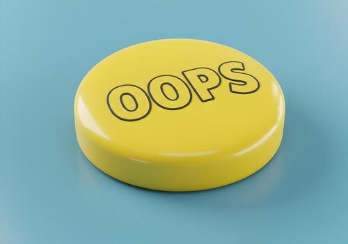 Yellow button with the word OOPS on a blue background a 3D rendering representing a mistake error or mishap concept photo