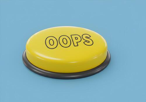 Yellow Oops Button on Blue Background A 3D Render of a Big Round Push Button with the Word Oops Representing Mistakes Errors and Apologies photo