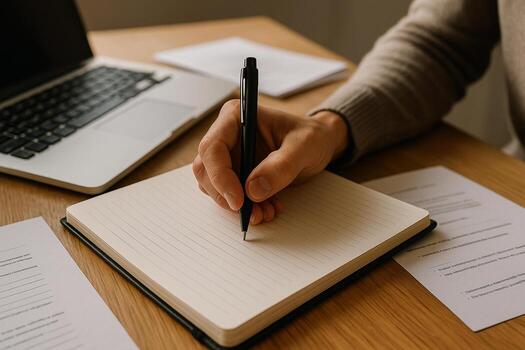 Person writing notes in a notebook at a wooden desk with a laptop in the background The image conveys a sense of focus productivity and planning Ideal for illustrating concepts related to work plannin photo