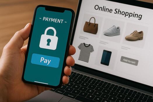 Secure Online Payment Process with Smartphone and Laptop Man makes a safe purchase using mobile banking app and online store website Ecommerce security and digital transaction concept photo