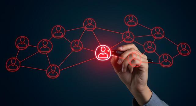 Hand drawing red network of people icons on dark blue background symbolizing social connection networking and global communication in business and technology photo