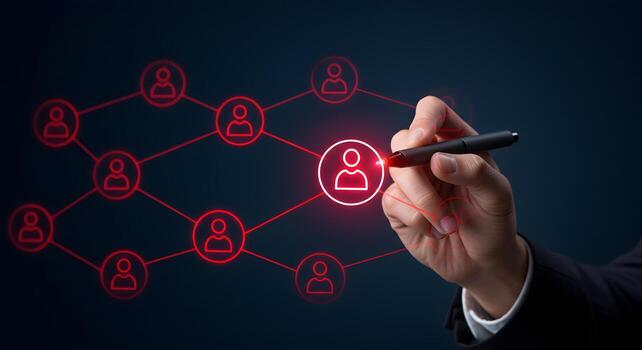 Hand drawing a network of interconnected red glowing people icons on a dark background symbolizing global networking connection and communication in a modern digital world photo