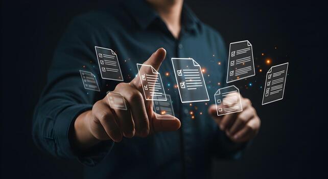 Person interacting with digital documents and checklists reviewing tasks and projects in a modern workspace symbolizing efficient workflow and productivity photo