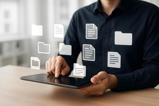 Man using digital tablet managing files and documents in a modern office concept of digital workspace and efficient workflow photo
