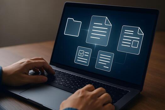 Person working on laptop computer managing digital documents and files efficiently at a modern workspace showcasing digital organization and workflow photo