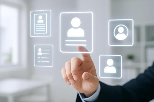 Hand interacting with a digital interface showing profiles resumes and candidate selection in a modern office setting symbolizing the concept of HR tech and recruitment photo