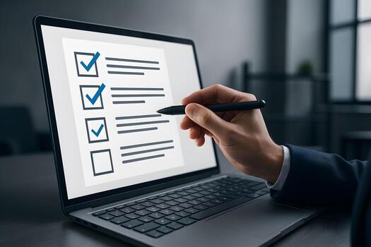 Businessperson using stylus on laptop to check items on a checklist completing tasks in a modern office setting signifying productivity and efficiency photo
