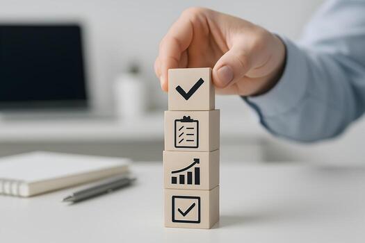 Hand placing a checklist cube on a stack of wooden blocks with growth chart and checkmark symbols in modern office setting symbolizing achieving business goals and success photo