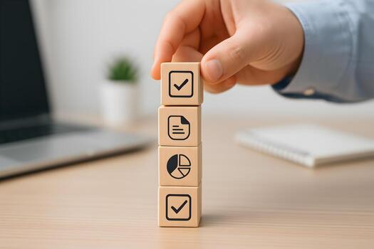 Hand placing wooden block with check mark on top of stack of blocks with document pie chart and check mark icons in modern office setting symbolizing project completion and success photo