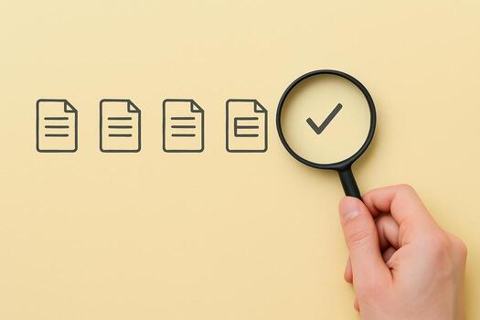 Hand holding magnifying glass focusing on a check mark among document icons on a yellow background symbolizing successful document review verification and quality control photo