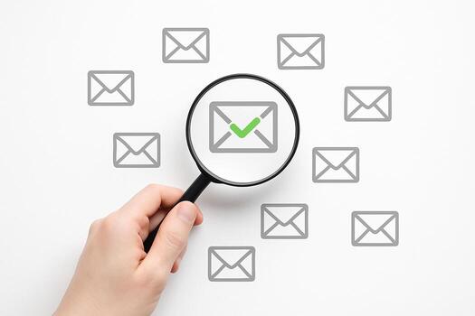 Hand holding magnifying glass focusing on a checked email among many other emails on a white background Concept of email verification selection and inbox management photo