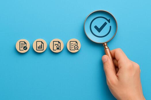 Hand holding magnifying glass focusing on a check mark symbol next to wooden circles with document icons representing quality control verification and process audit on blue background Concept of quali photo