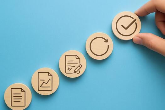 Hand arranging wooden circles with process icons on blue background symbolizing workflow planning and progress towards a goal This image represents business strategy project management and achieving s photo