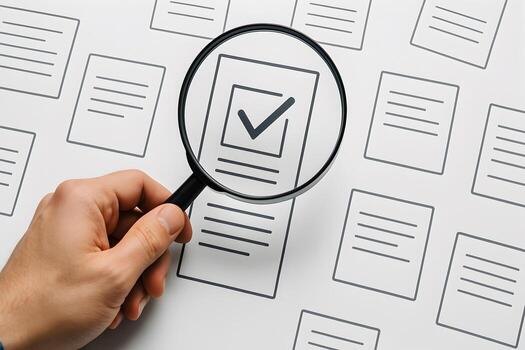 Hand holding magnifying glass focusing on a checklist document among many other papers on a white table Concept of verification accuracy and attention to detail in business and workflow processes photo