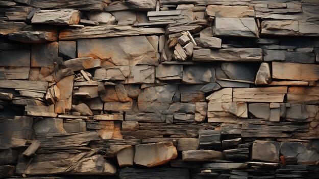 Rustic Irregular Stone Wall Texture - Background of Brown and Gray Stones in a Rough Uneven Pattern Ideal for Construction and Design Projects photo